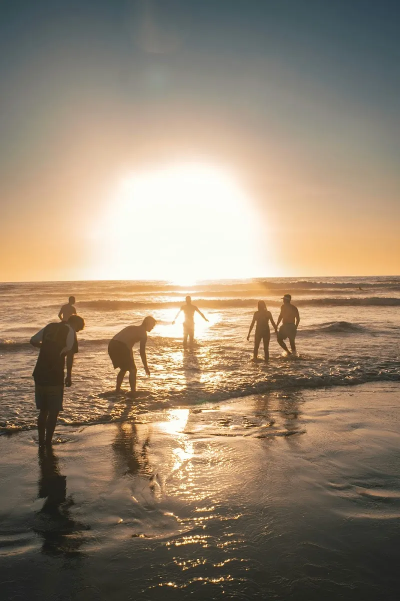 Silhouettes of a group of friends playing in the ocean surf at golden sunset