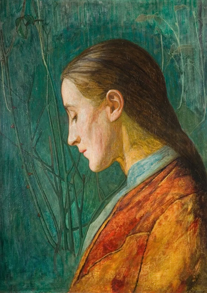 Oil painting of a young woman in profile with long brown hair and a warm orange shawl, against a teal green background
