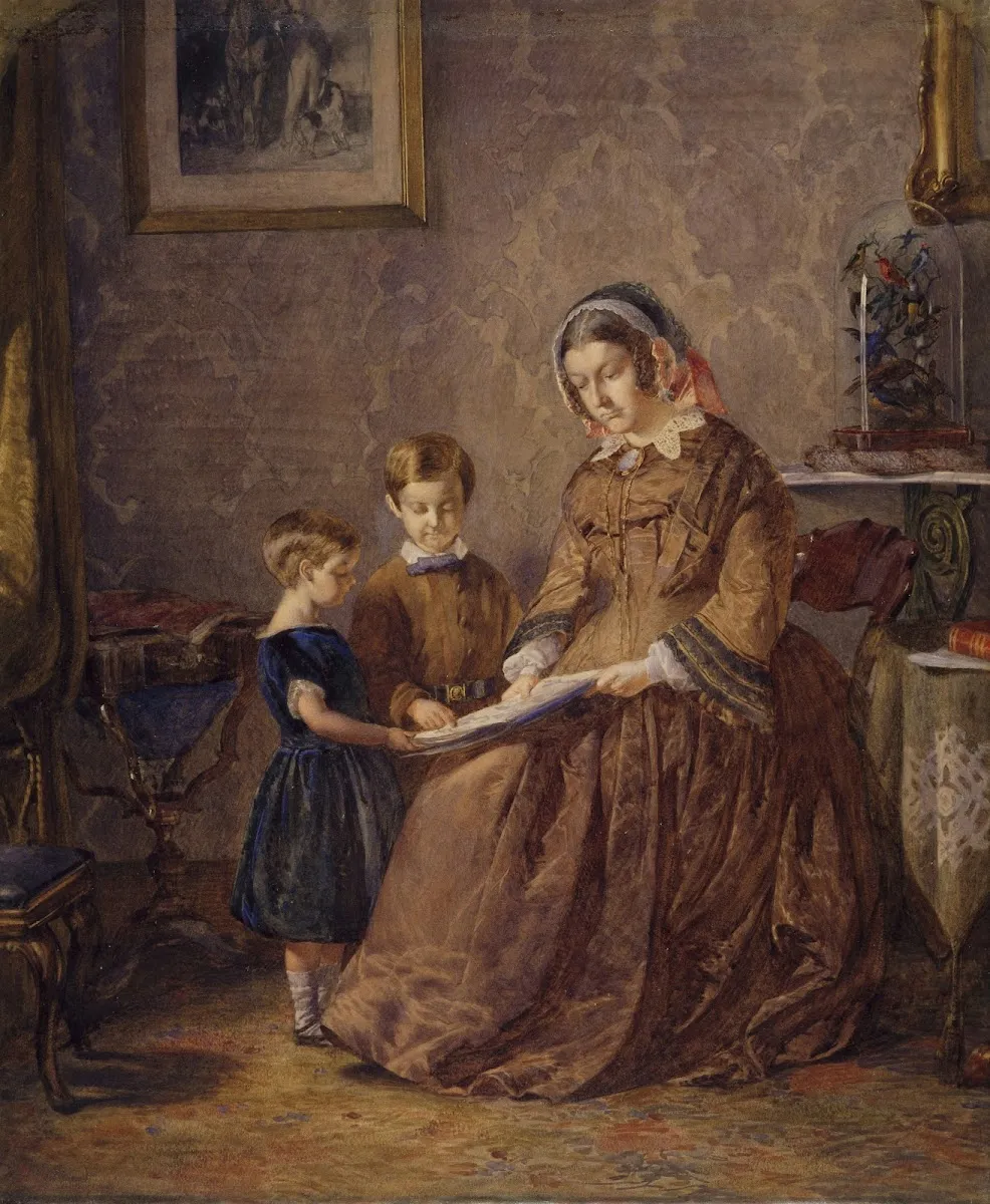 Victorian-era painting of a mother reading to two young children in a cozy parlour room