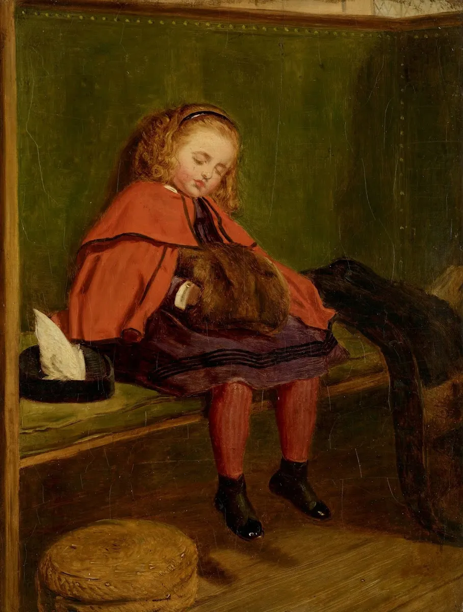 Victorian-era painting of a little girl in a red cape sleeping on a bench, holding a small animal in her lap